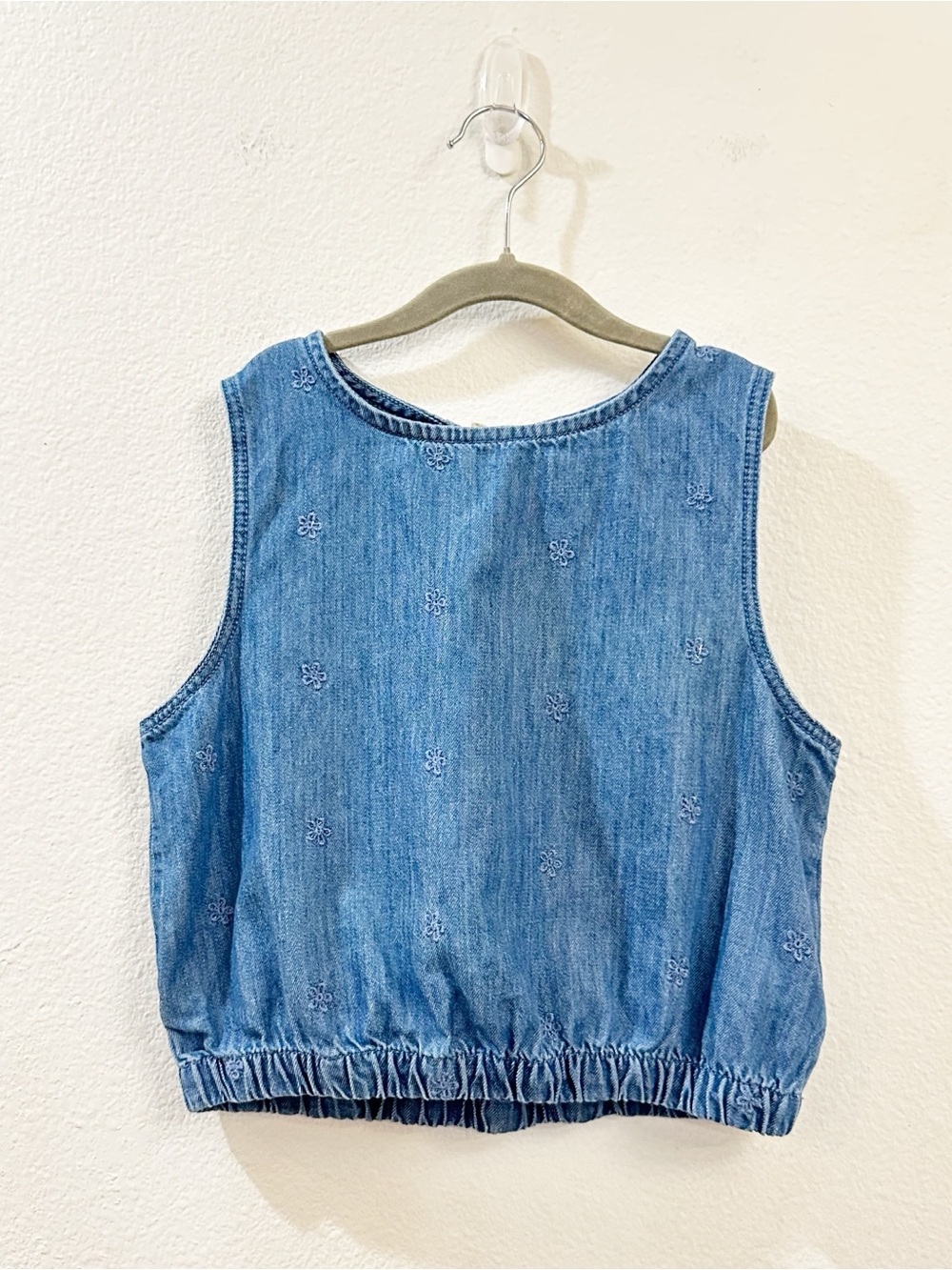 ZARA Blue Chambray Embroidered Floral Top Sleeveless Elasticated Hem Girls 12/13
